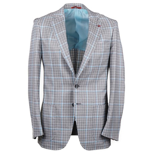 Isaia Aqua Blue Woven Check Wool-Silk-Linen Sport Coat 38R (Eu 48) NWT