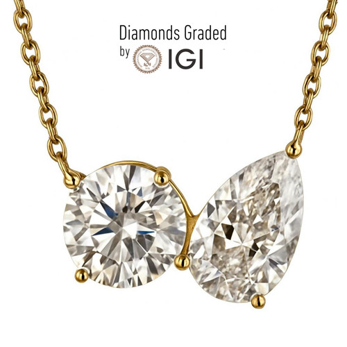 IGI Cert 3.00CT FVVS2 Round & Pear Cut Fancy Lab Diamond Pendent 14k Yellow Gold