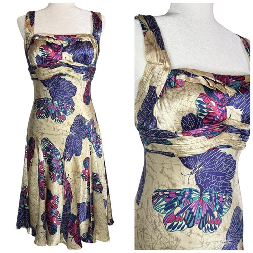 Vintage Y2K Nina Austin Dress M Silk Butterfly Babydoll Midi Whimsical Fairy
