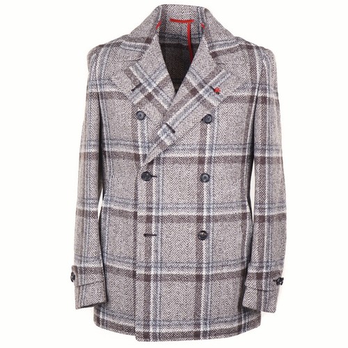 Isaia Napoli Green-Navy-Sky Blue Check Wool Peacoat 38R (Eu 48) NWT Pea Coat