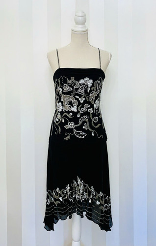 Sue Wong Nocturne Silk Beaded Y2K Black Spaghetti Strap Dress Size 8