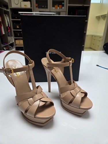 YSL Saint Laurent Tribute 105 Leather Platform Sandal Women's beige 38.5