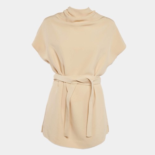 Celine Cream Silk Tie-Up Detail Mini Dress Belted Blouse Top Size FR36