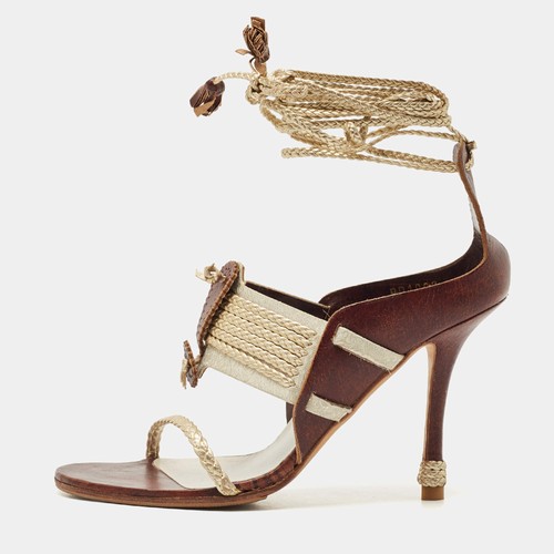 Dior Olive BrownGold Leather and Fabric Ankle Tie Sandals Size 37